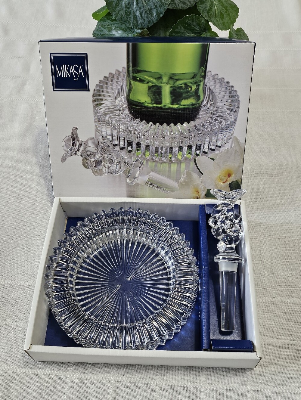 Vintage Mikasa Clear Radial-Cut Glass Bottle Coaster with Decorative Stopper